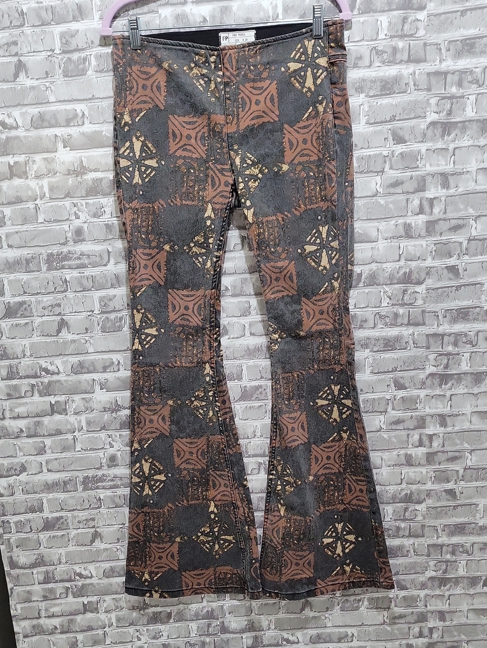 Free People Printed Pull- On Flare Pants Geometric Boho Brown/Gold Sz 28
